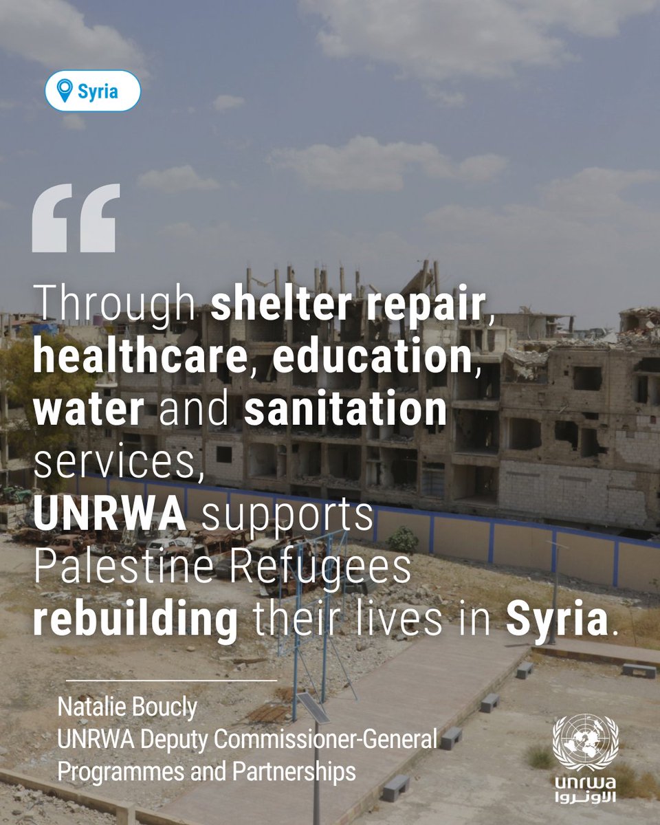 UNRWA's tweet photo. In Yarmouk, #Syria, UNRWA continues to support #Palestine Refugees through shelter repair, restoration of schools, healthcare, education, protection and water and sanitation services.

After years of conflict in Syria, families in Yarmouk Camp are rebuilding their lives, homes and communities - UNRWA is helping them to do so with dignity.

Today, more than 60,000 people live there, the majority of them Palestine Refugees.

#UNRWAworks