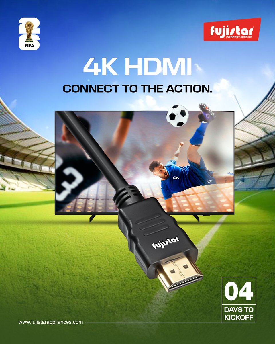 Fujistar_Global's tweet photo. The road to World Cup glory deserves crystal-clear viewing.
Plug in with Fujistar 4K HDMI and experience every match like you're in the stadium.

#Fujistar #FujistarAppliances #FujistarHDMI #4KHDMI #HDMICable #UltraHD #4KViewing #HomeEntertainment #FootballSeason #WorldCup2026 https://t.co/IJHHcYuLmE