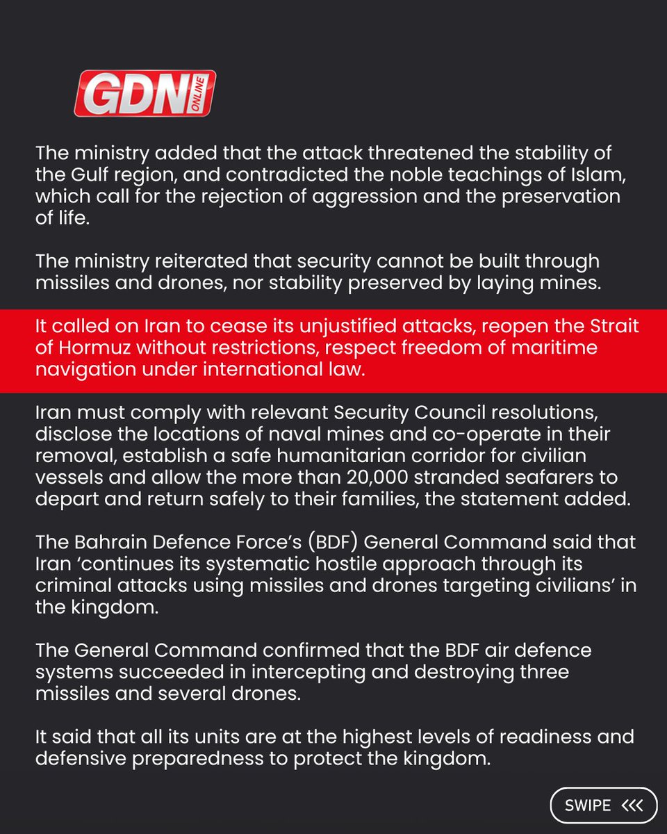 GDNonline's tweet photo. Bahrain remains committed to regional peace, and its patience must not be mistaken for complacency, the Foreign Ministry said yesterday.

Swipe for more details ➡️

For the full report visit https://t.co/cpzE34s43i 🌐🤳

#bahrain #gdnonline #iran https://t.co/mieYcABz9X