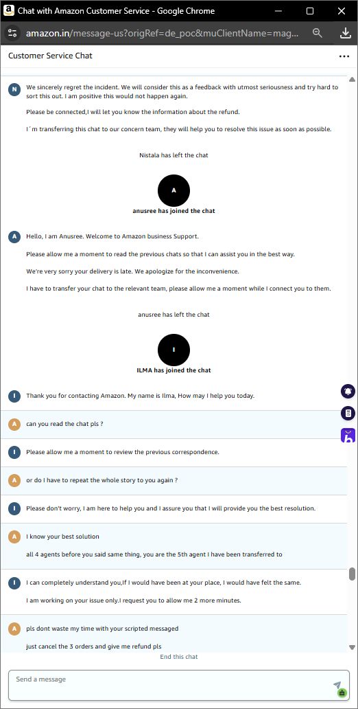 AbbasAskari's tweet photo. @amazonIN @AmazonHelp

3 orders due June 2. No delivery attempt, no call, marked undeliverable. 10+ agent transfers on a single CS chat. No resolution. No supervisor. Is this what I get as a Prime member?

#AmazonPrime #AmazonIndiaScam #ScamAlert #FraudAlert #JagoGrahakJago https://t.co/3HNtqnc8g1