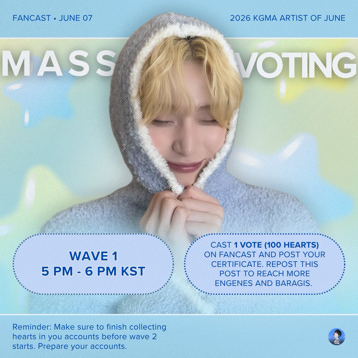 Code624Sunoo's tweet photo. [👨‍💻] 260607 • FANCAST DDAY

FIRST MASS VOTING STARTS NOW!
⏰️ 5PM - 6PM KST

✅️ Cast 1 vote (100 hearts) on Fancast and share your certificate.
✅️ Repost this post! 

📥 Donation Form: https://t.co/NyiZ8HVYNj

🌟 KGMA Artist of JUNE Solo (Male) 
🎯 Top 1
⏰ June 7 (11:59PM KST) 

1st Place Benefits:
🏆‘2026 Artist of the Month’ Trophy 
📰Full Page Ad in Ilgan Sports
🖋Featured Article on Ilgan Sports

VOTE SUNOO ON FANCAST
#VoteForSunoo #SUNOO #선우 #엔하이픈_선우 #ENHYPEN_SUNOO #ENHYPEN