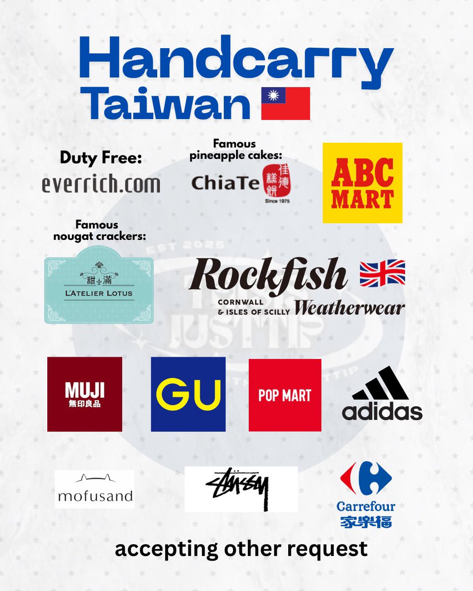 thisisjusttip's tweet photo. 🇹🇼 OPEN JASTIP HANDCARRY Batch 6 - TAIWAN 

🛍️ offline store close 30 Juni 1PM WIB
✅ price by DM (bersih ina)
📦 eta INA 1 Juli
🚛 shipping 3 Juli

📦 DUTY FREE, Chia Te, ABC Mart, L'atelier Lotus, Muji, GU, POPMART, adidas, mofusand, carrefour, 711. Other request DM https://t.co/C3KOoYeHj8