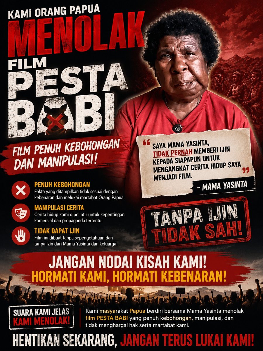 MiftahProperty's tweet photo. TEGAS! Mama Yasinta: "Saya TIDAK PERNAH memberi ijin kepada siapapun untuk mengangkat cerita hidup saya menjadi film." 💪🇮🇩
TANPA IJIN — TIDAK SAH!
Masyarakat Papua berdiri bersama Mama Yasinta tolak film 'Pesta Babi' Penuh Kebohongan
#papuaberhakmaju #MamaYasinta #TolakPestaBabi https://t.co/Rt7Kj7AAQJ