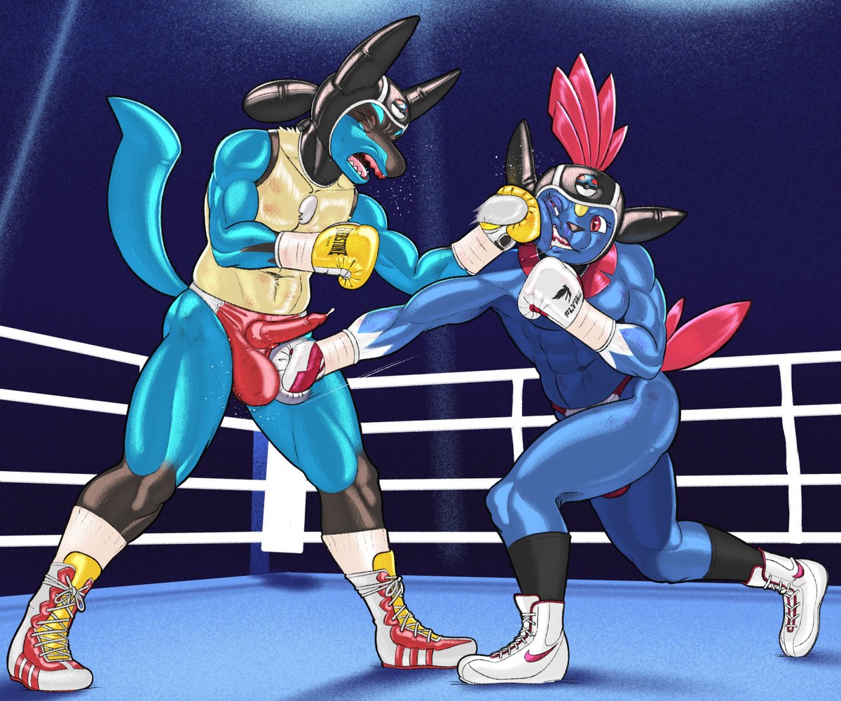 Dcheese3's tweet photo. A colored commission for @ArtistViperish during the 9th round of a greatball-rank Poke-Ballboxing match between @rellowcantdraw 's Larios “Anubis” Caldwell and the former's Steven Clarke.

with a version without the motion blur https://t.co/awPYE6o12g