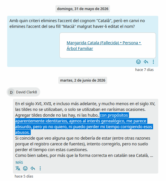 Gargotejant's tweet photo. Al web de genealogia de FamilySearch un NO IDENTITARI que no vol perdre el temps en aquestes ximpleries s'ha dedicat a eliminar massivament l'accent del cognom "Català" mentre el deixava a d'altres noms, perquè l'accent era un abús identitari.

Estan malalts d'odi. https://t.co/FwDOLsnZYY