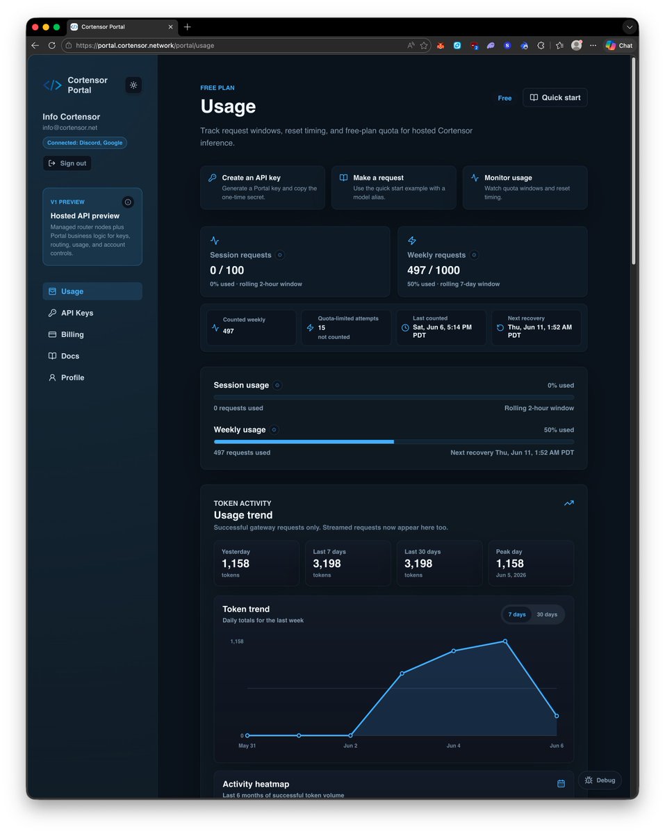 cortensor's tweet photo. 🔎 Recap: What’s in Cortensor Portal V1 So Far

A quick recap on what is already going into Cortensor Portal V1 as the current iteration continues.

🔹 What Portal is  
At the simplest level, Portal is the hosted product/access layer for using Cortensor more easily.

Instead of asking users to deal directly with raw router nodes, sessions, or backend topology, Portal gives a cleaner surface where someone can:
- sign in
- create and revoke API keys
- view usage and limits
- access hosted inference through a stable API
- use managed router pools underneath without touching the raw infra directly

So from the outside, Portal means:
less infra friction, more direct product access.

🔹 What’s in Portal V1 so far  
The current Portal V1 iteration already includes:

- auth/account access
  - sign in / account flow
  - environment-aware dev/prod setup
  - moving toward cleaner provider-based auth paths

- API key management
  - create keys
  - list keys
  - revoke keys
  - free-plan key-limit enforcement
  - safer sync between Portal, database, and key-management layer

- usage and quota visibility
  - session and weekly quota windows
  - sliding-window usage by default
  - reset / recovery timing
  - near-limit state visibility
  - clearer handling of quota-limited vs real failed requests

- request / log visibility
  - request log views
  - request details
  - status, latency, token, and route visibility
  - clearer separation between completed, failed, and quota-limited requests

- hosted API path
  - Portal API Gateway in front of managed router pools
  - product-facing model aliases
  - compatibility work for OpenAI-style and Anthropic-style API paths
  - ongoing SSE/stream compatibility work

- usage trends / analytics
  - token activity trend
  - daily usage views
  - heatmap-style usage visualization
  - model usage breakdowns

- admin / ops surface
  - environment health
  - request traffic
  - user/account visibility
  - key visibility
  - gateway and router-pool visibility
  - early metrics / events / operational monitoring

🔹 Why this matters  
Portal matters because it helps Cortensor move from being understood mainly as infrastructure to being used more directly as a product.

That is important because it:
- lowers the barrier to entry
- makes integration easier for outside developers and teams
- gives Cortensor a clearer hosted API surface
- turns raw network capability into something easier to adopt and actually use

🔹 Current direction  
The current V1 direction is still intentionally practical:
- hosted inference first
- stable key/usage/account flow first
- cleaner request path first
- better observability/admin support over time
- more compatibility and smoother developer experience over time

So the simple framing is:

- Cortensor Network = the underlying execution / routing / trust infrastructure  
- Portal = the hosted product/access layer on top of it  

That is what is in Portal V1 so far, and we’ll keep iterating from here.

#Cortensor #Portal #API #AIInfra #ProductDesign