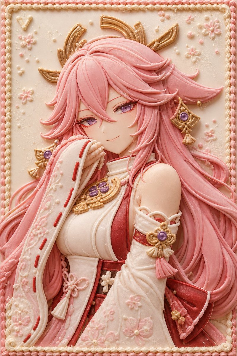 VoxcatAI's tweet photo. 糖霜裱花浮雕肖像 / royal icing piped relief portrait

把米哈游角色做成一组“可以吃的杂志封面”。

人物不再是画出来的，而像被糕点师一层层裱在蛋糕表面：发丝是细密糖霜线，衣褶是花嘴卷边，饰件变成糖珠和浅浮雕厚度。

这组先跑了 4 张：雷电将军、芙宁娜、八重神子、阿蕾奇诺。  
每个人保留角色性格姿势，小 V 只做角落压印，不抢主体。