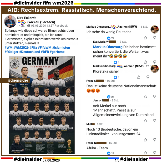 Die_Insider's tweet photo. Das kommentieren #AfDer über Deutsche Fußball-Nationalspieler!
Und da glauben wirklich #AfD-Unterstützer mit Migrationsgeschichte, dass sie bei einer #AfD Machtübernahme nichts zu befürchten haben u angesehen sind!?

#LautGegenNazis #AfDVerbot #NeinZuRassismus
#DFB #DieInsider https://t.co/V8DSPqwFsp