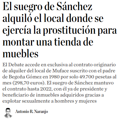 Jomaca18's tweet photo. El contrato original de arrendamiento de los locales de MUFACE en los que el suegro de Sánchez explotaba su negocio de  prostitución masculina se hizo para tienda de muebles y a un precio muy inferior al de mercado. 
Vaya tropa degenerada nos está gobernado 🥴
