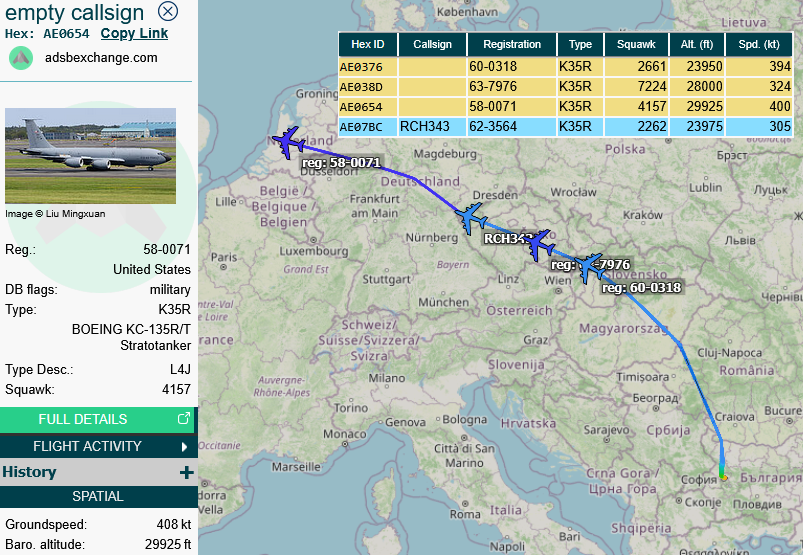 SirListenalot's tweet photo. #KC135's #AE0654 #RCH320, #AE07BC #RCH343, #AE038D #RCH712, #AE0376 #RCH232 leaving Sofia, Bulgaria
Reason could be https://t.co/RXdQxJM41h https://t.co/9FWjHTgTNF
