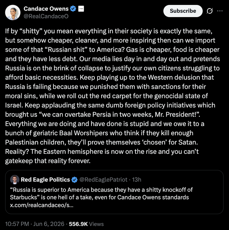 MaxNordau's tweet photo. Cancer Owens going all-in on Russian state propaganda was, in fact, on my bingo card for 2026. https://t.co/DTI10n6Ifi
