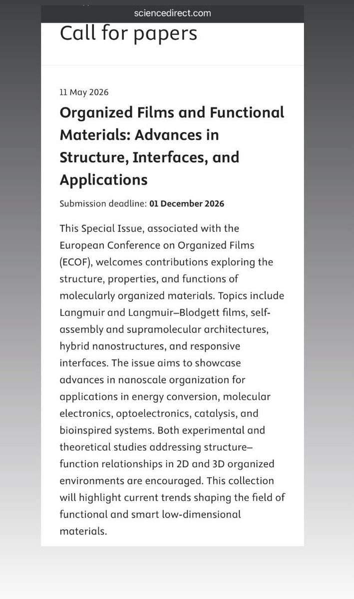 Chem2unisal's tweet photo. 📢 Call for Papers

Special Issue “Organized Films and Functional Materials: Advances in Structure, Interfaces, and Applications” in Surfaces and Interfaces, associated with #ECOF.

📅 Submission deadline: 1 Dec 2026

🔗 https://t.co/Zl559ULre3

#CallForPapers #MaterialsScience https://t.co/P1vKacmuha