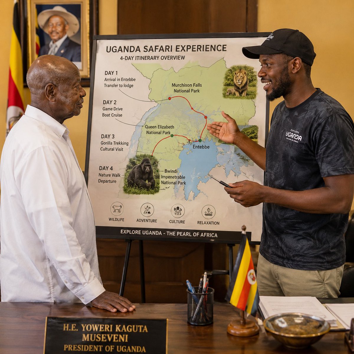 MarvinTheGuide's tweet photo. Since am spending this month with our dear Grandpa @KagutaMuseveni 
Today am reviewing our 14 Days Uganda 🇺🇬 Safari with the President.

Stay tuned, more details… 🗞️ https://t.co/AWQiYyfNdA