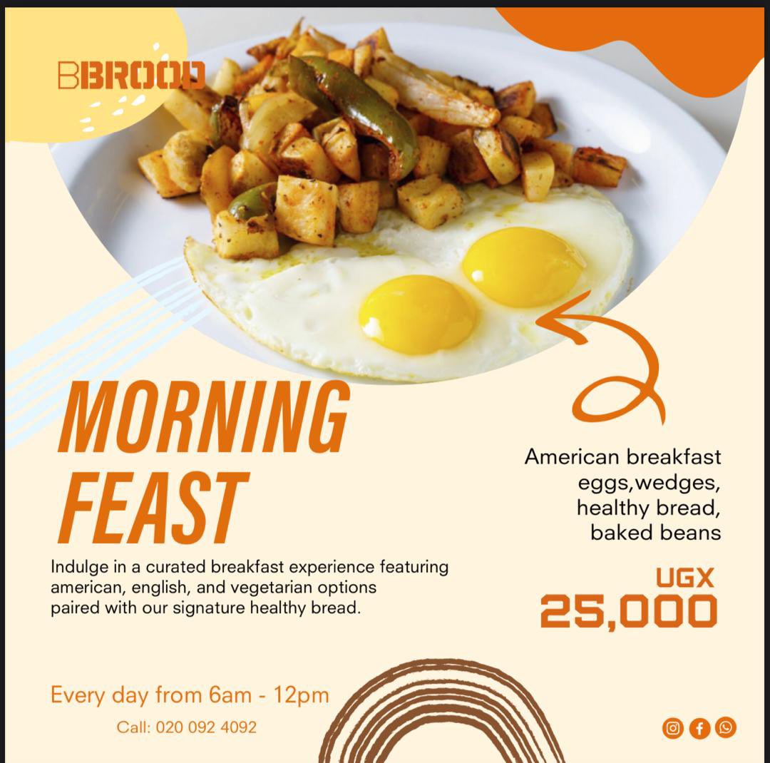 LaxConcepts's tweet photo. @Acholi_godddd Ad Post
Your ⏲6am-12pm plan is sorted.
@Bbroodug Morning Feast is here — 2 sunny 🍳eggs, crispy wedges, healthy 🍞 & baked beans for just UGX 25,000.
Tag your breakfast buddy👇and call 📞 020 092 4092
#BBROOD #HealthyBreakfast https://t.co/vd43Nfv9o6