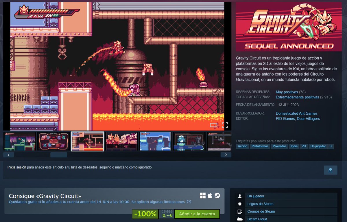 IIbvee's tweet photo. Están regalando en Steam Gravity Circuit, un juego tipo MegaMan que está bastante decente. Lo cogí el otro día y ya me lo he pasado, da para unas buenas 6-7 horitas https://t.co/p80V13BDhK