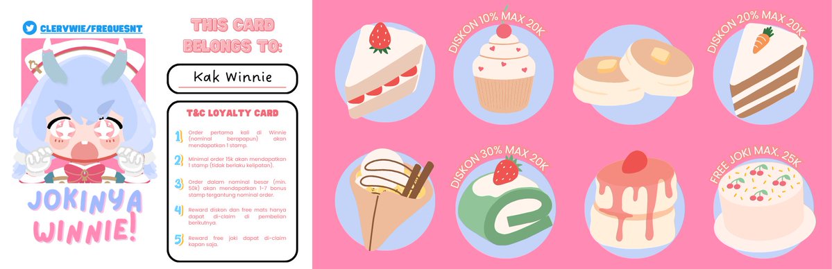 frequesnt's tweet photo. Siapa mau kue? 😋🥞🍴
Per hari ini Winnie ganti loyalty card dengan benefit baru~!

Buat customer yang masih pake card lama boleh minta tuker reward atau tetep reward lama yap ^^ https://t.co/bziXcVC0qa