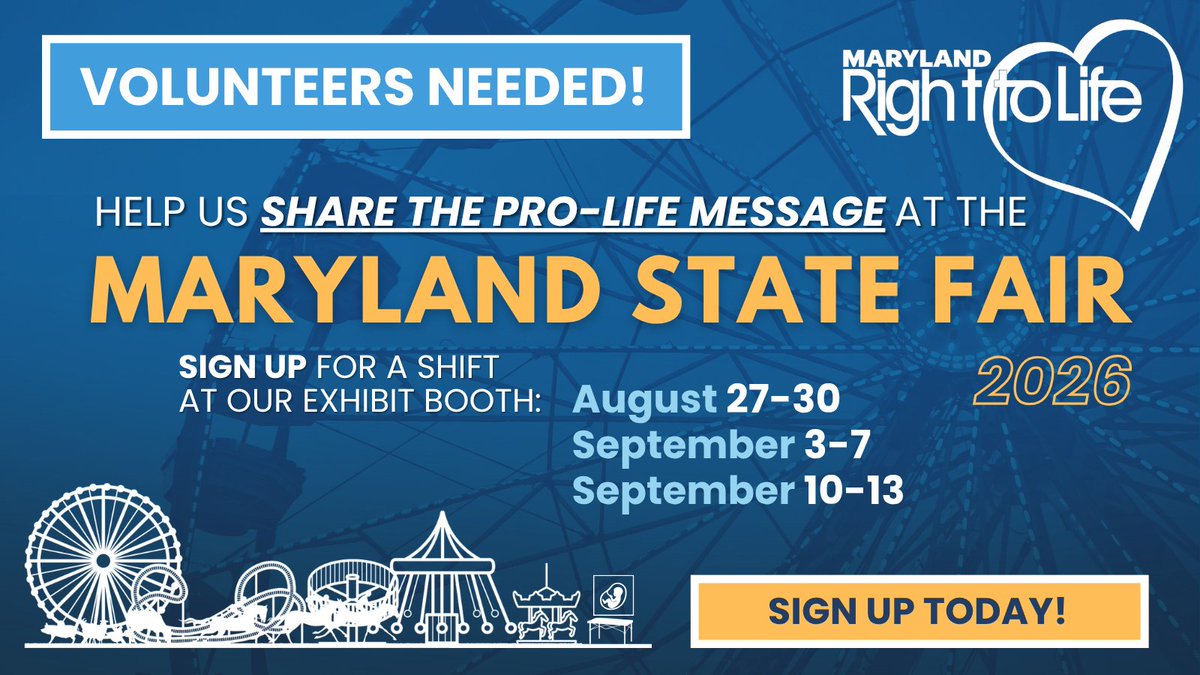 MDRight2Life's tweet photo. Volunteers needed to help with #prolife educational outreach during the Maryland State Fair!

Learn more: https://t.co/Crc3K9IAfW https://t.co/SJTjHUZcG0