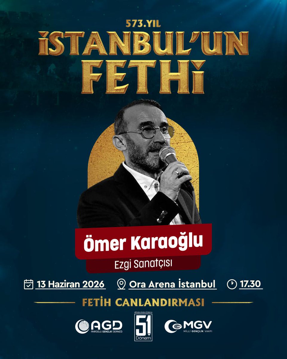 agdorgtr's tweet photo. 📍Fetih Ruhu İstanbul'da 

Kudüs, Filistin ve fetih ezgileriyle Ömer Karaoğlu İstanbul'un Fethi'nde 

📅 13 Haziran 2026 Cumartesi 17.30

📌 Ora Arena İstanbul 

#AdımAdımZafere
#İstanbulunFethi https://t.co/0zW9ofcpLm
