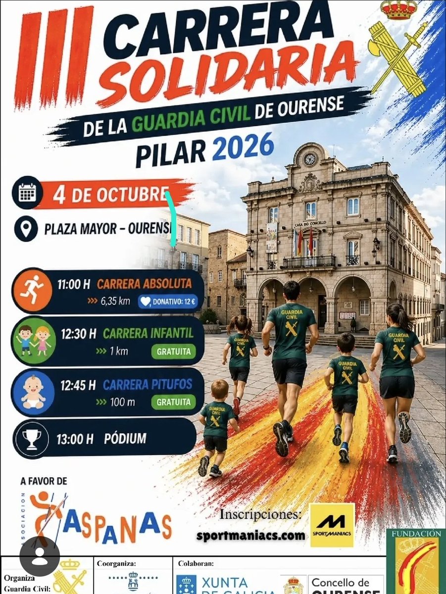 _IGC_'s tweet photo. 🏃‍♂️🏃‍♀️ III Carrera Solidaria de la Guardia Civil de Ourense 🇪🇸
📅 4 de octubre de 2026
📍 Plaza Mayor (Ourense)
✅ Carrera absoluta: 6,35 km (11:00 h)
✅ Carrera infantil: 1 km (12:30 h)
✅ Carrera pitufos: 100 m (12:45 h)
🏆 Entrega de premios: 13:00 h
💚 Una jornada de deporte, convivencia y solidaridad a beneficio de ASPANAS.
🔗 Inscripciones: https://t.co/Rn4v86Ty3k
#GuardiaCivil #Ourense #CarreraSolidaria #Pilar2026 #DeporteSolidario #ASPANAS #IGCNacional 🇪🇸💚