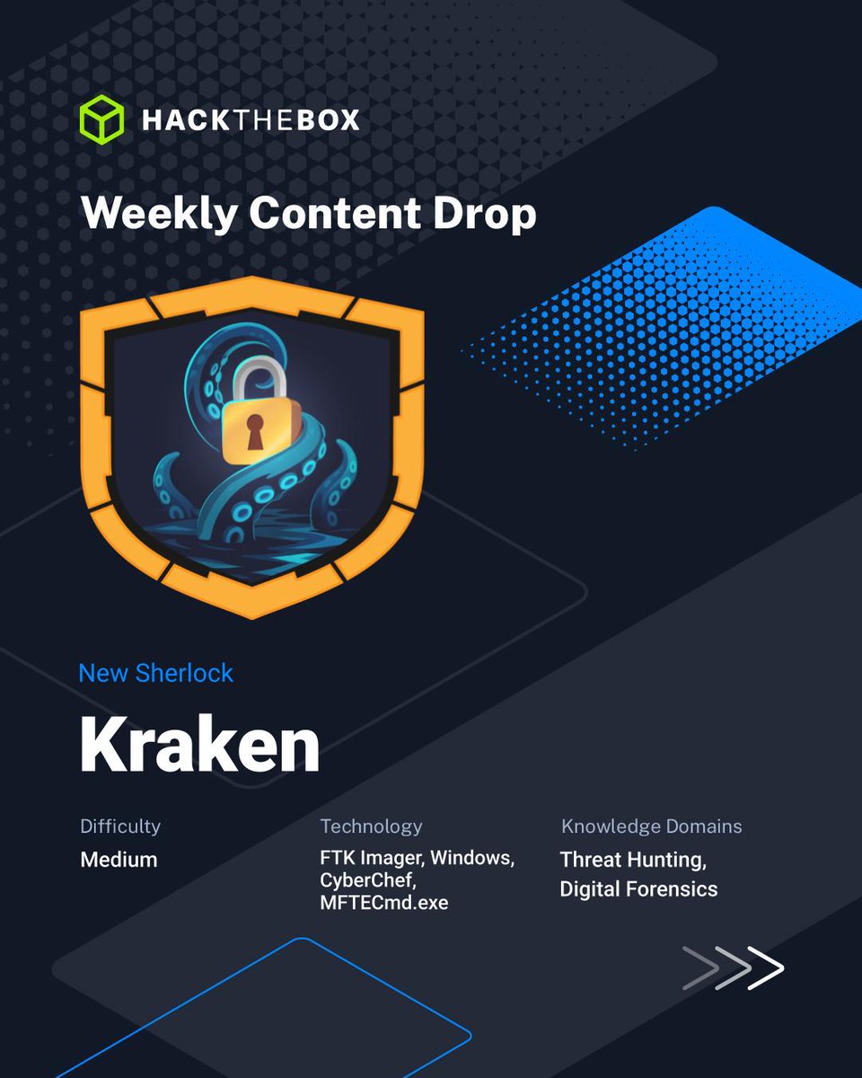 hackthebox_eu's tweet photo. 🚨 Weekly Content Drop 🚨
This week’s drop brings fresh content across threat hunting, digital forensics, Linux, and hardware.

🔎 Kraken — New Sherlock
Difficulty: Medium
Creator: M4shl3
Tech: FTK Imager, Windows, CyberChef, MFTECmd.exe
Knowledge domains: Threat Hunting, Digital Forensics
Investigate AD1 triage output using FTK to uncover artifacts and persistence left by a threat actor using the machine to pivot to an internal workstation.

Also dropping this week:
🔌 Connected — New Machine
Linux | 20 points | Releases 6 Jun 2026

☕ Espresso — New Challenge
Very Easy | Hardware
New week. New evidence. New paths to uncover.

#HackTheBox #HTB #WeeklyContentDrop #Sherlock #ThreatHunting #DigitalForensics #DFIR #WindowsForensics #Linux #Hardware #CyberSecurity