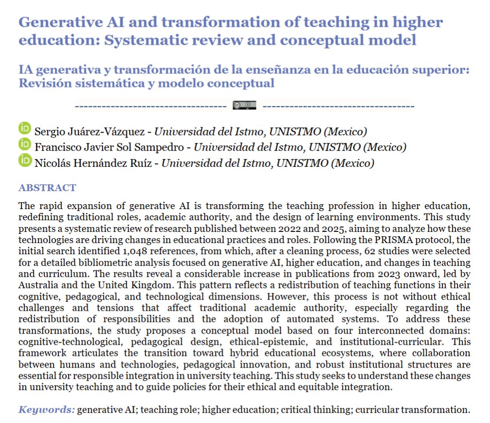 RIEDjournal's tweet photo. Generative AI is redefining university teaching.

A new RIED systematic review shows how AI is transforming teaching roles, curriculum, academic authority, and learning environments.

▶️https://t.co/znN6KipVah https://t.co/sVcguXuHMp