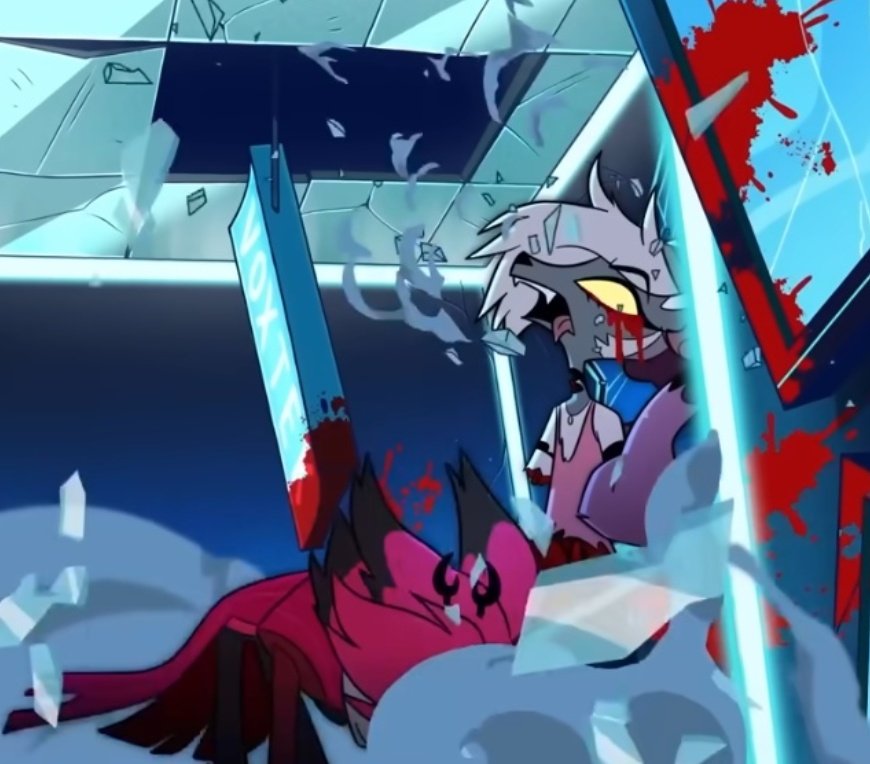 Weeblez_Wobblez's tweet photo. Remember when Alastor got thrown against a building by Vox so hard that he destroyed the walls and caused a sinner to get brutally mangled? https://t.co/VaQvQaFjuL