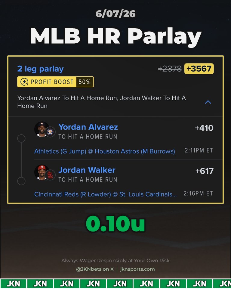 JKNbets's tweet photo. MLB Parlays (6/07/26) ⚾️ 🚀

Player Hits &amp; HR Props 💎
DraftKings &amp; FanDuel Boosts ⚡️

#MLB #SportsBettingX https://t.co/u7sin4zqLS
