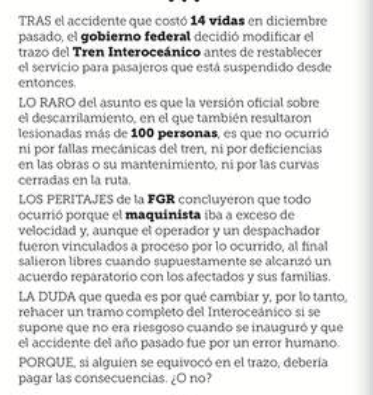 acastilloDC's tweet photo. 14 muertos. El peritaje culpó al maquinista. El maquinista salió libre con un acuerdo reparatorio. Y ahora el gobierno rehace el trazo del tren porque, según ellos, no había nada malo en el trazo. Si el trazo estaba bien, ¿por qué lo cambian? https://t.co/W8wi2NuN3u