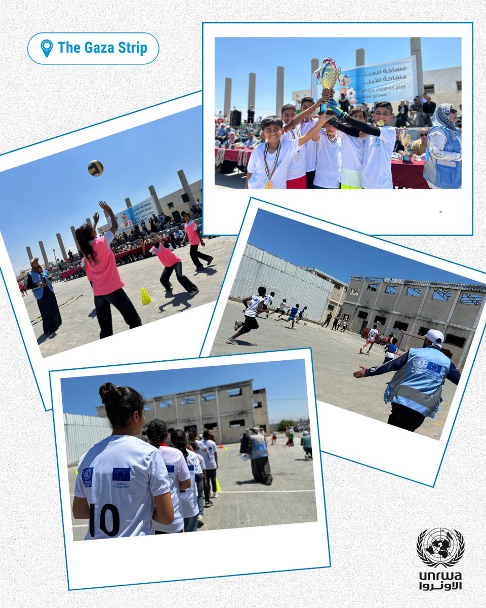 UNRWA's tweet photo. In #Gaza, hundreds of boys and girls in UNRWA learning spaces recently participated in sports events that helped them regain a sense of normalcy.  

This was the first initiative of its kind in over two years.  

Where children play, hope grows.  

#UNRWAworks https://t.co/wvqmq5Fzbt