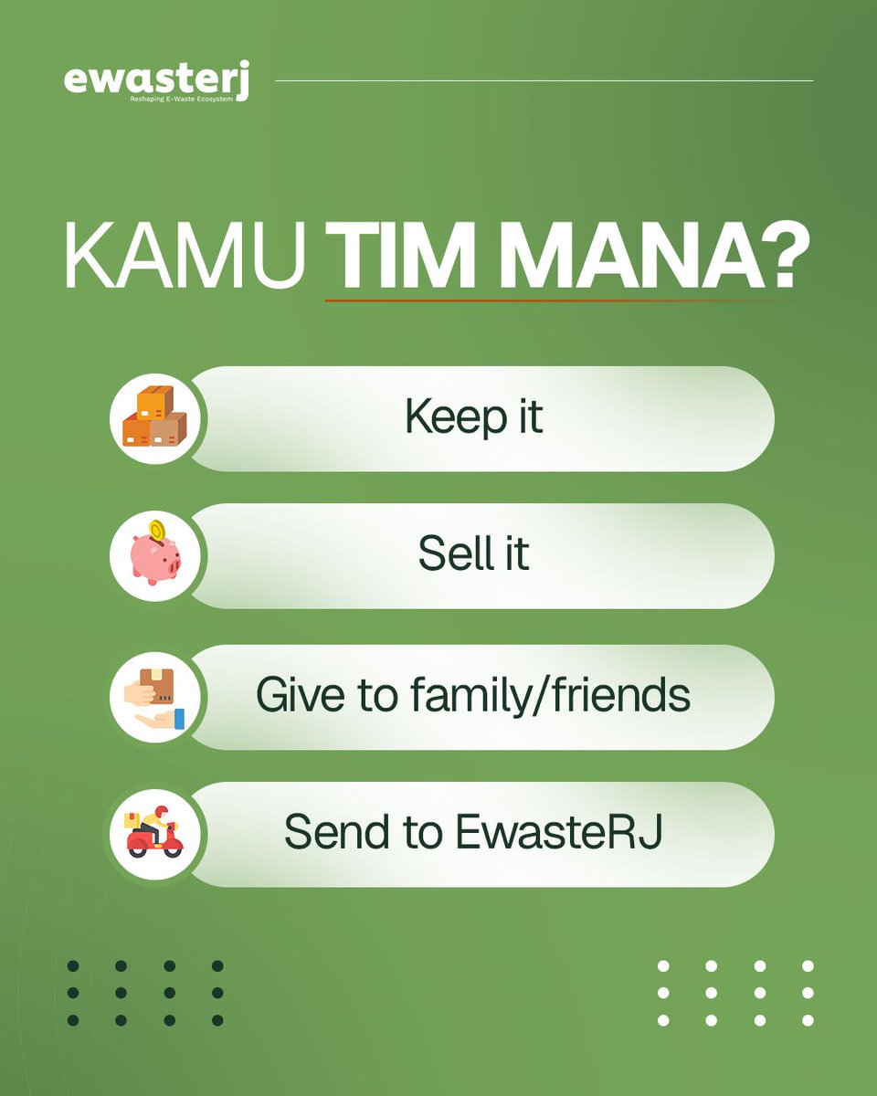 EwasteRJ's tweet photo. Kamu tim simpan atau tim buang kalau punya gadget lama? 📱

A) Simpan — siapa tau dipakai lagi
B) Jual — cari untung dulu
C) Kasih keluarga/teman
D) Kirim ke EwasteRJ 👀♻️

Komen jawabanmu di bawah 👇

Ps: kalau D — link di bio, kami jemput gratis 😄 https://t.co/tJGY4kYlQH