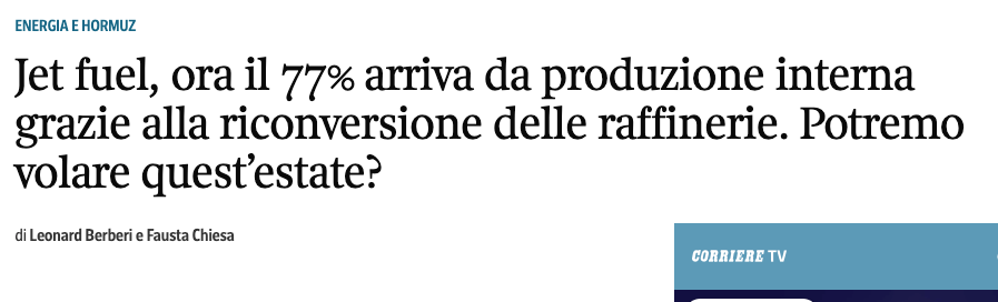 durezzadelviver's tweet photo. "L’Italia, in particolare, è stata capace di aumentare di molto la produzione di jet fuel. Se l’anno scorso la produzione nazionale ha coperto il 50% della domanda domestica, in base a dati Unem nei mesi di marzo e aprile il jet fuel prodotto in Italia ha coperto quasi il 70% dei consumi".
Ah, quindi si può fare.