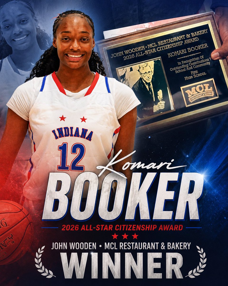 Coach_KHollins's tweet photo. Congratulations to Komari Booker @komarii_hoops on  winning the 2026 Indiana All-Star @indallstars John Wooden–MCL Restaurant & Bakery Citizenship Award!

A well-deserved honor recognizing her leadership, character, and impact on her school and community. We couldn't be more proud!