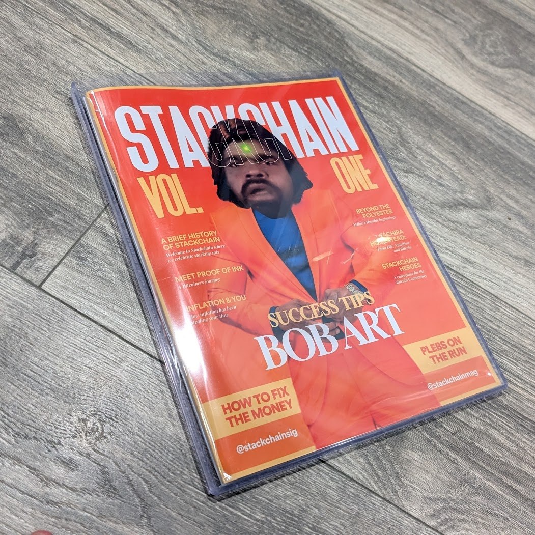 CryptoCloaks's tweet photo. STACKCHAIN AUCTION 🧡

Vol. One magazine, Success Tips BOBART cover.

Start: 21,000 sats
Min raise: 5,000 sats
Ends: Wednesday June 10, 7:00 PM MDT

Bids in sats only.

Anti-snipe: valid bids in the final 5 minutes extend the auction 5 minutes.

US shipping included.
Highest valid bid wins.