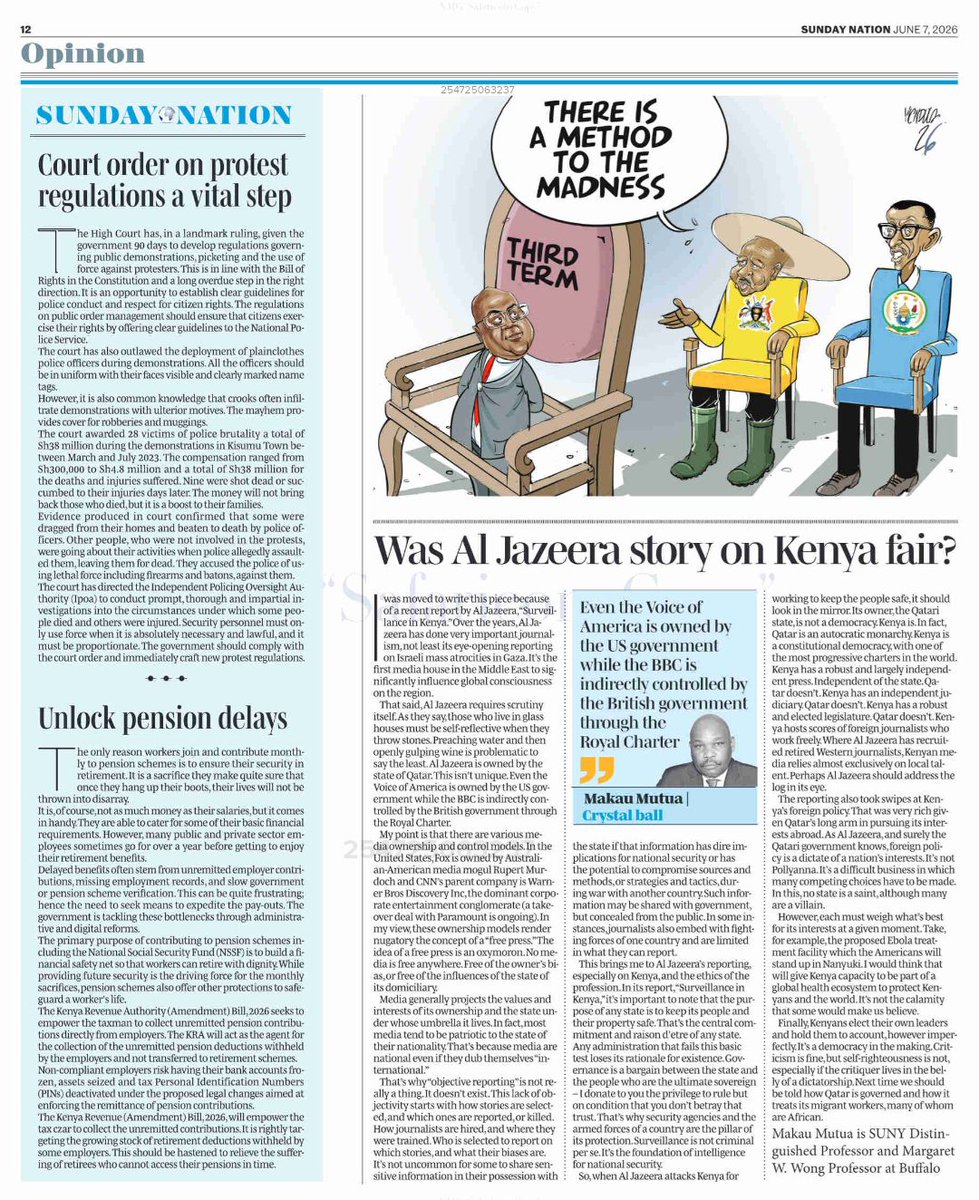 BiancaNaom1's tweet photo. Prof. Makau Mutua’s column in today’s Sunday Nation asks the HARD questions that demand answers. If Al Jazeera seeks to interrogate Kenya’s democracy, then Kenya reserves the right to interrogate Al Jazeera’s pulpit. 

Unlike Qatar, whose rulers own Al Jazeera outright, Kenya is a constitutional democracy anchored in a free press, an independent Judiciary, and a Legislature that checks executive power. Our system is not perfect, but it is alive. We elect our leaders and we hold them to account through ballots, courts, and public discourse. That is the hard, imperfect work of a democracy in the making, and we claim it proudly. 

Surveillance is not tyranny when it protects a free society. Homeowners install locks, hire guards, and review CCTV when security is breached. States do the same. The first duty of any government is to keep its people safe. Intelligence gathering, done lawfully and with oversight, is the foundation of national security, not a scandal. 

Before Al Jazeera lectures Kenya on freedom, let it turn the camera on Doha. Qatar is an absolute monarchy with no elected parliament, no free press, and no independent judiciary. Its broadcaster cannot claim the moral high ground while its own house silences dissent. 

And if we are speaking of human rights, let Al Jazeera dedicate a documentary to how Qatar treats its migrant workers. Thousands of Africans built the gleaming towers of Doha. Many returned in coffins. Many still toil under conditions Kenya would never tolerate. Charity begins at home, and so should accountability. 

Kenya welcomes criticism, but not hypocrisy. We are not a perfect nation, but we are a free one. We debate in Parliament, we sue in court, we publish in bold headlines, and we vote out those who fail us. That is more than can be said for the owners of Al Jazeera. 

Next time you point a finger at Nairobi, Al Jazeera, remember three more are pointing back at Doha.