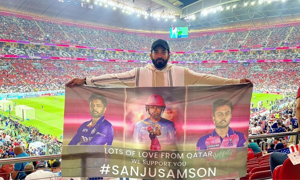 mrstranger005's tweet photo. Sanju Samson poster at the FIFA World Cup. 

Last time at the FIFA World Cup, a fan proudly carried a Sanju poster in the stadium. 
Few cricketers enjoy this kind of support beyond cricket, and Sanju is definitely one of them. 🙌 https://t.co/UD9OZ7Mfkv