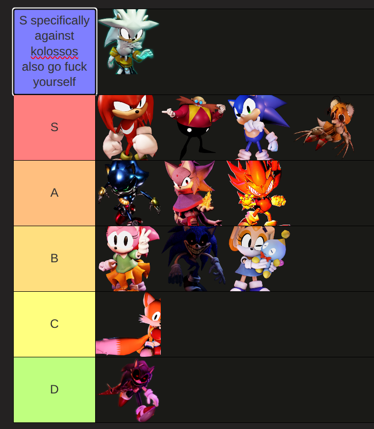TehInkyAnimator's tweet photo. my CORRCT #outcomememories tierlist
if you say tripwire's bad and needs buffs i hate you but don't die cuz that'd be mean
silver against the other killers is c btw i don't care what you say
except maybe 2011x cuz mobility https://t.co/EBaYlzYblf