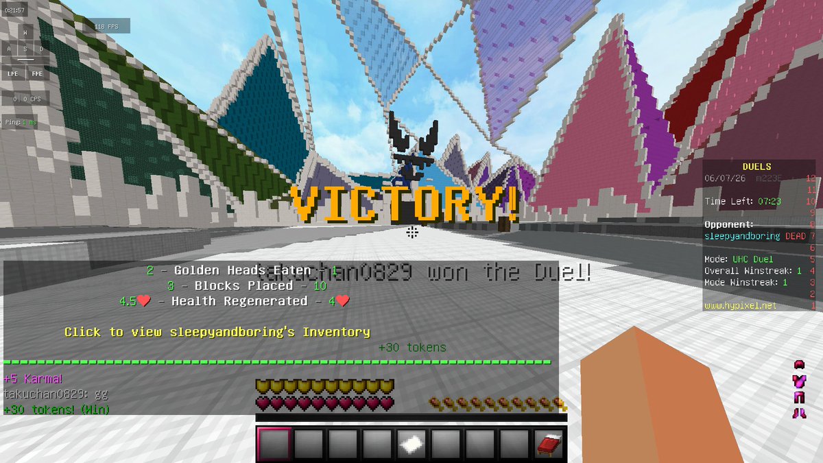 free_gamelife's tweet photo. #マイクラPVP #minecraftPVP #hypixel
本日の戦績
パルクール:1勝
UHCデュエル:3勝
久々のPVPですね。レベルが格上の相手にも勝てたりしたのでよかったです。 https://t.co/6FLMnNzCfA