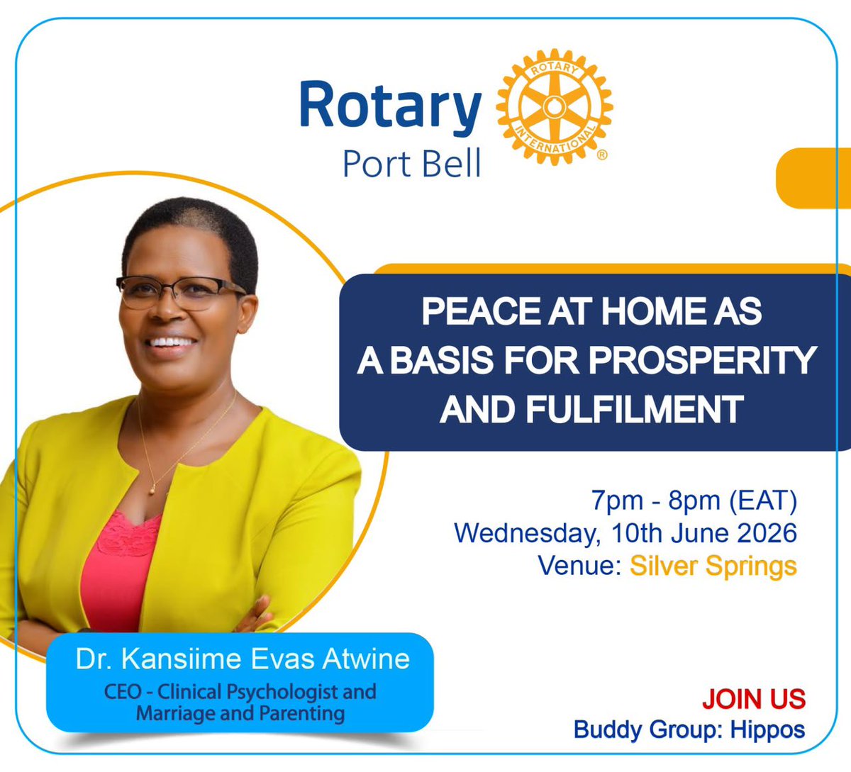 RCPortBell's tweet photo. Did you know that Peace at Home can be your basis for prosperity and fulfillment?

Join us this Wednesday 10th June, 2026 with Dr. Kansiime Evas at SilverSprings as we discuss this topic. https://t.co/nf227vsfO5