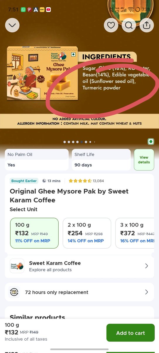 pandyaji02's tweet photo. @letsblinkit @blinkitcares @foodsafetygov @SweetKaramCoffe How can you lie so shamelessly.writing ghee maysore pak and giving sunflower oil. Reply well otherwise get ready with formal complaint with FASSI.

Lair ! You charge premium, serve Premium. https://t.co/dm883MbpwK