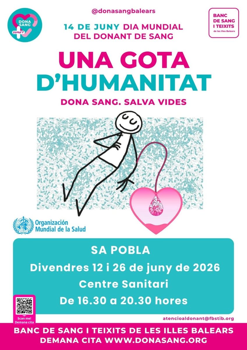 donantssapobla's tweet photo. ⚠️ DONACIÓ DE SANG I PER AFÈRESI (Campanyes conjuntes)

🕟 De 16.30 a 20.30 hores

📍 Centre sanitari

-‐----------------------------

🌍 https://t.co/CSaCDppxRv

📧 citaprevia@fbstib.org

📱 971764433

‼️Si teniu una cita concertada i no podeu venir, avisau per anul·lar-la. https://t.co/GBDCTWmFhq