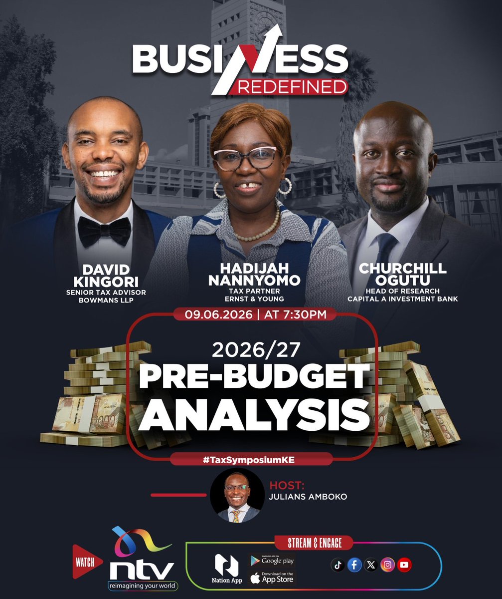 ntvkenya's tweet photo. Kenyans are bracing for a fairly steep fiscal cliff to climb in the financial year 2026/27.
Next on @ntvkenya's #BusinessRedefined, we immerse ourselves into the 2026/27 revenue & appropriation numbers as we comb through what makes for a daunting fiscal framework.
On set, @ill_dduor, @HadijahNannyom1 & David Kingori.
June 9th, starting 7:30pm. Save the date!
