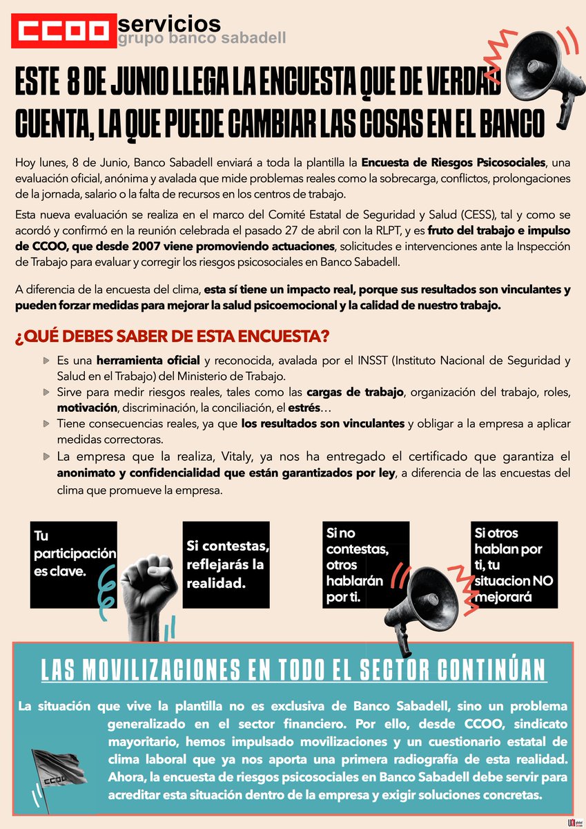CCOO_Sabadell's tweet photo. 🔊LA ENCUESTA DE RIESGOS PSICOSOCIALES que has recibido en tu correo corporativo es VITAL

👩🏽‍💻RESPONDAMOS CON SINCERIDAD, ESTA ENCUESTA SÍ ES ANÓNIMA

Tu participación es clave para mejorar nuestro entorno de trabajo
- Cargas de Trabajo
- ⁠Salario
- ⁠conciliación, etc. https://t.co/oobMvwh70B
