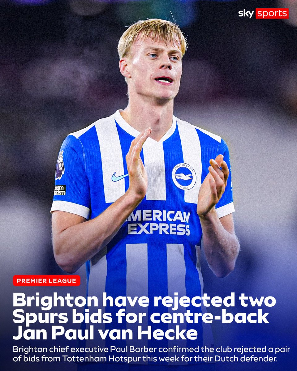 SkySportsPL's tweet photo. Brighton chief executive Paul Barber has confirmed the club has rejected a second bid from Tottenham Hotspur for defender Jan Paul van Hecke ❌🔵 https://t.co/sDOKiMDkN8