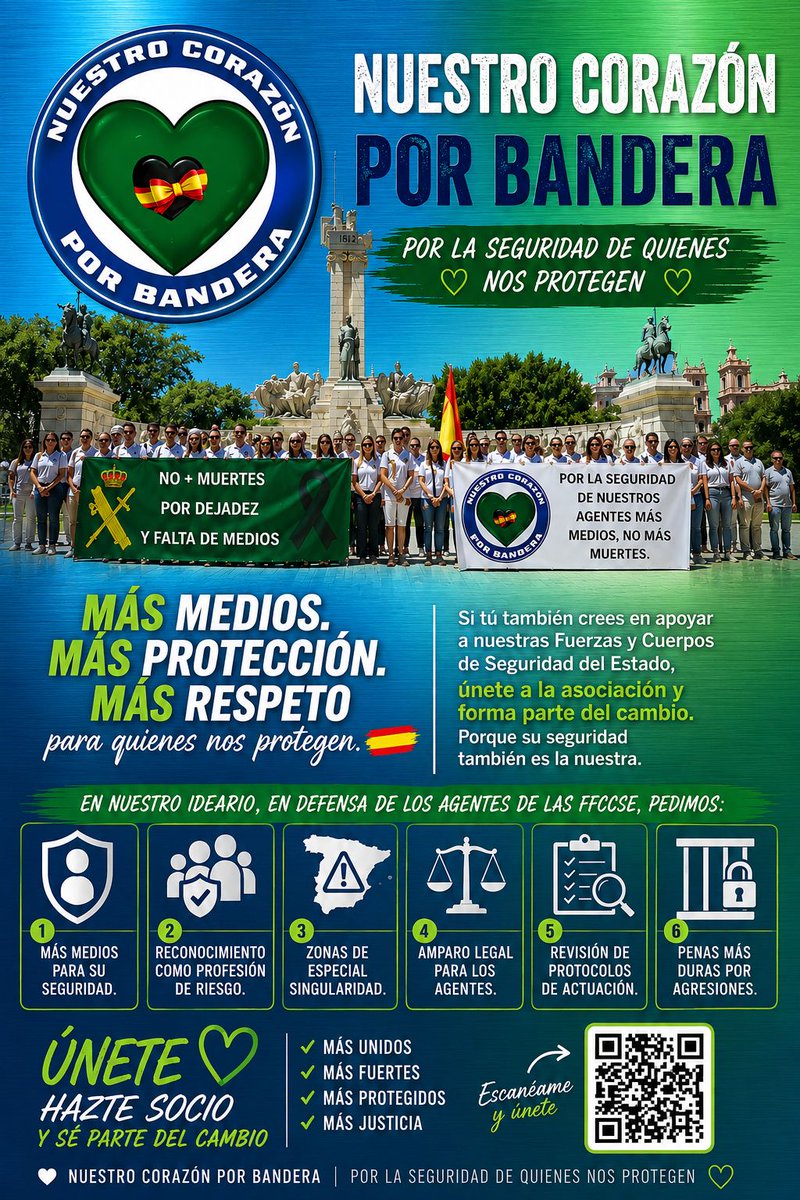 corazonbandera's tweet photo. 🇪🇸 Súmate a nuestra causa 🇪🇸

Si compartes los valores de respeto, compromiso y apoyo a quienes velan por nuestra seguridad, este proyecto también es para ti.

💙💚 Únete a la Asociación Nuestro Corazón por Bandera y forma parte de nuestra familia.

#GuardiaCivil #PoliciaNacional https://t.co/HsvZp0T1jA