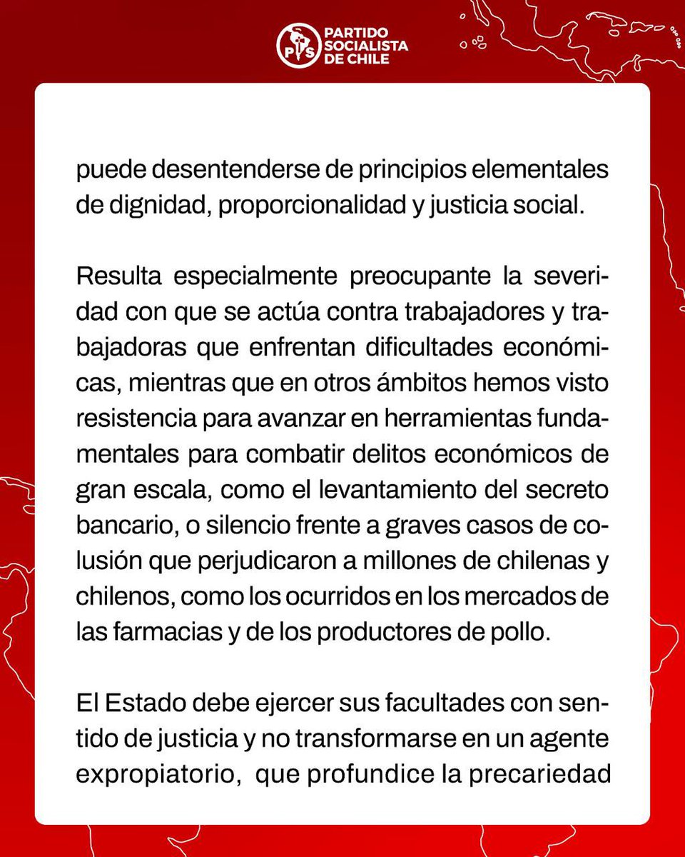 PSChile's tweet photo. El Partido Socialista de Chile manifiesta su preocupación por las medidas de cobro aplicadas a deudores del CAE que afectan ingresos esenciales de trabajadores y trabajadoras. El Estado debe actuar con justicia, proporcionalidad y respeto por la dignidad de las personas. https://t.co/IiPMtD1HZb