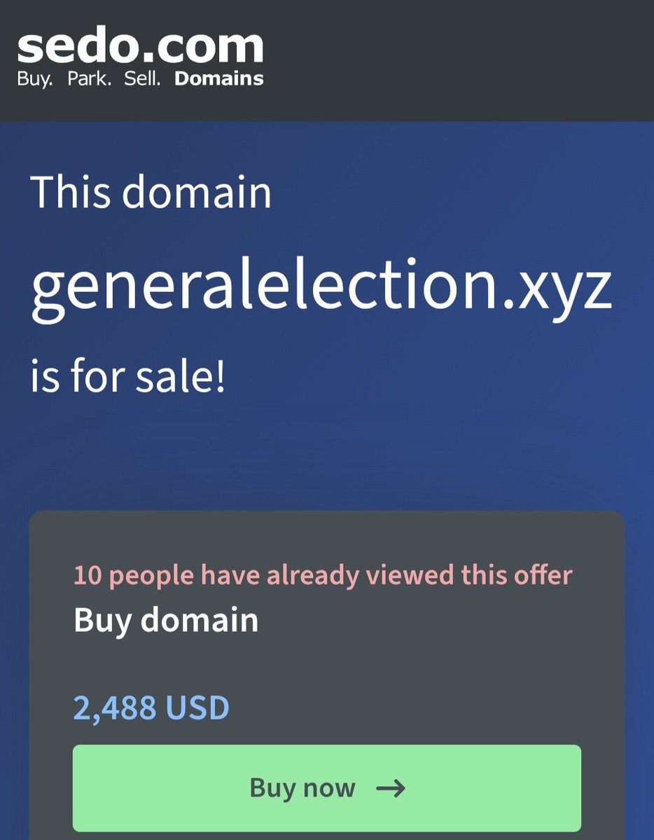 discerningdmain's tweet photo. Generalelection .org is $29,888

Buy https://t.co/Yv4QrgXTzG

$2,488 !

>>>$27,400 less !<<<

.com - Taken not for sale
.co.uk - Taken not for sale
.uk - Taken not for sale

Starmer Labour Libdems Greens Politics Farage #F1 GeneralElection Tories Parliament Westminster #MonacoGP https://t.co/7ljQh9vJHz