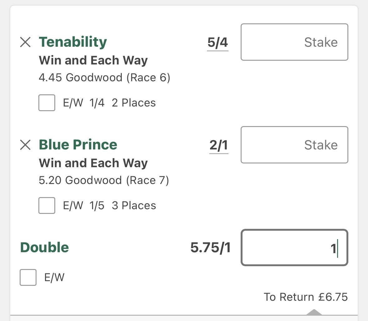 MrBicsTips's tweet photo. 🏇 MR BIC’S SELECTIONS 🏇

📍 16:45 Goodwood
🏇 Tenability

• Won four races on the bounce last season and looked better than ever when returning with a strong Group 3 third at Newbury.
• William Haggas continues to have his horses running well and there could be more improvement to come.
• Proven at the trip and arrives with the strongest recent form in the field.
• Looks a worthy favourite and the one they all have to beat.

📍 17:20 Goodwood
🏇 Blue Prince

• Course-and-distance winner who shaped really well when third on his seasonal reappearance.
• Dropped to a workable mark and conditions look ideal for another big effort.
• Saffie Osborne takes the ride and the return to Goodwood could bring out further improvement.
• Strong chance if building on that encouraging comeback run.

🎯 Bet: 1pt Win Double
📊 Odds: 5.75/1
💰 Stake: 1pt
💸 Return: 6.75pts

Two proven performers with conditions to suit. Let’s finish the day strongly. 🤞

#MrBicsTips #HorseRacing #Goodwood #Tenability #BluePrince #freetips