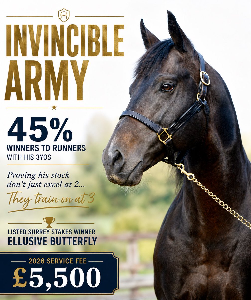 Jordanriley101's tweet photo. 📈 45% winners to runners with his 3yos

Invincible Army’s stock aren’t just precocious 2yo’s! They’re training on and winning at 3 🥇

🏆 Sire of Listed Surrey Stakes winner Ellusive Butterfly 🦋 

2026 Fee: £5,500

#InvincibleArmy #HorseRacing #ThoroughbredBreeding #Bloodstock https://t.co/wAhejuWLpU