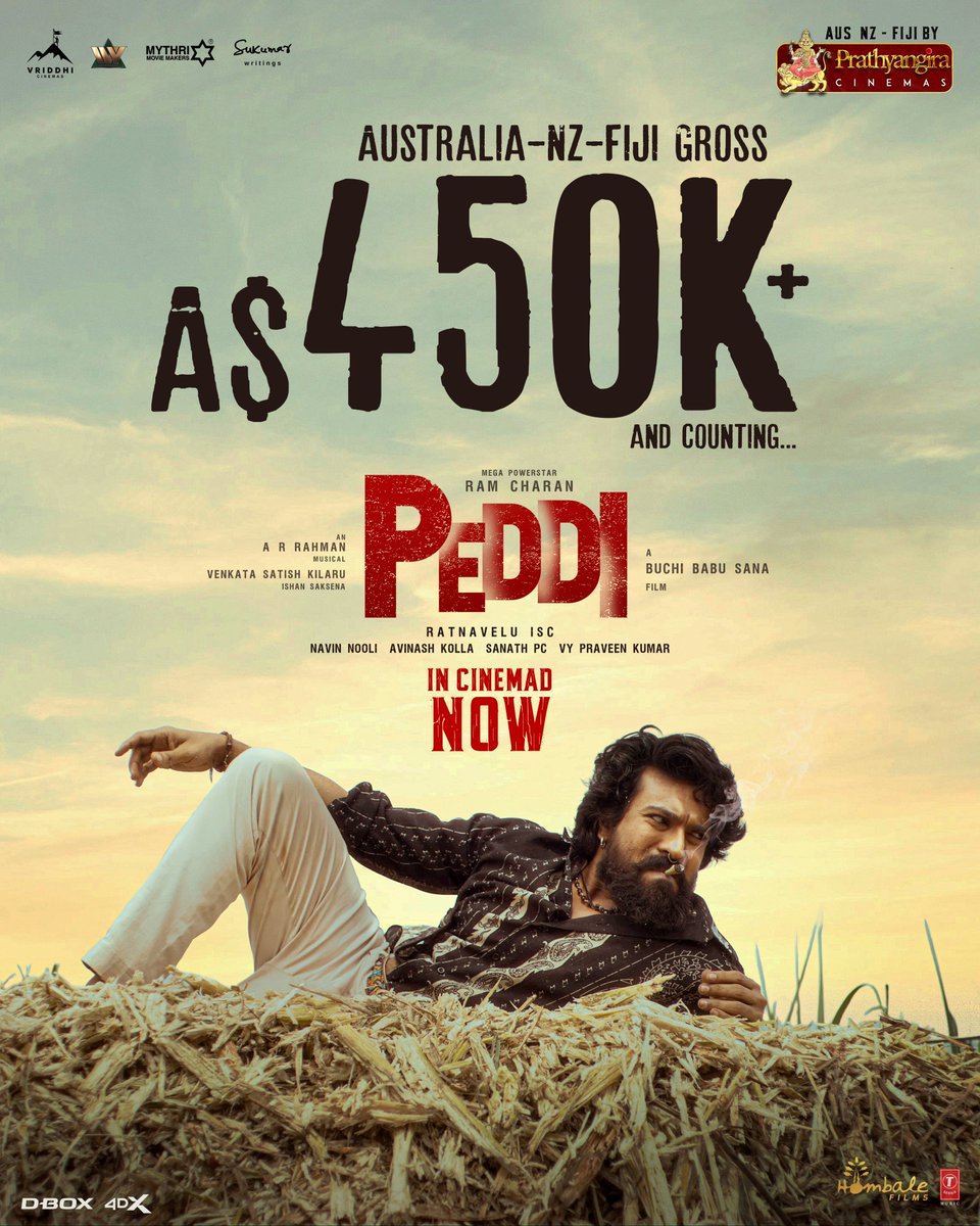 PrathyangiraOS's tweet photo. #PEDDI Charging Through The Box Office 🔥

Australia-New Zealand-Fiji Gross A$ 450K and Counting 💪 

#BlockbusterPEDDI In Cinemas Now 💥

Book Your Tickets 🎟️
AUS-NZ-Fiji By @PrathyangiraOS

@AlwaysRamCharan @NimmaShivanna #JanhviKapoor @BuchiBabuSana @arrahman @RathnaveluDop @vriddhicinemas @venkataskilaru @MythriOfficial @SukumarWritings @ivyofficial2023 @PeddiMovieOffl @HombaleFilms @HombaleOverseas @TSeries