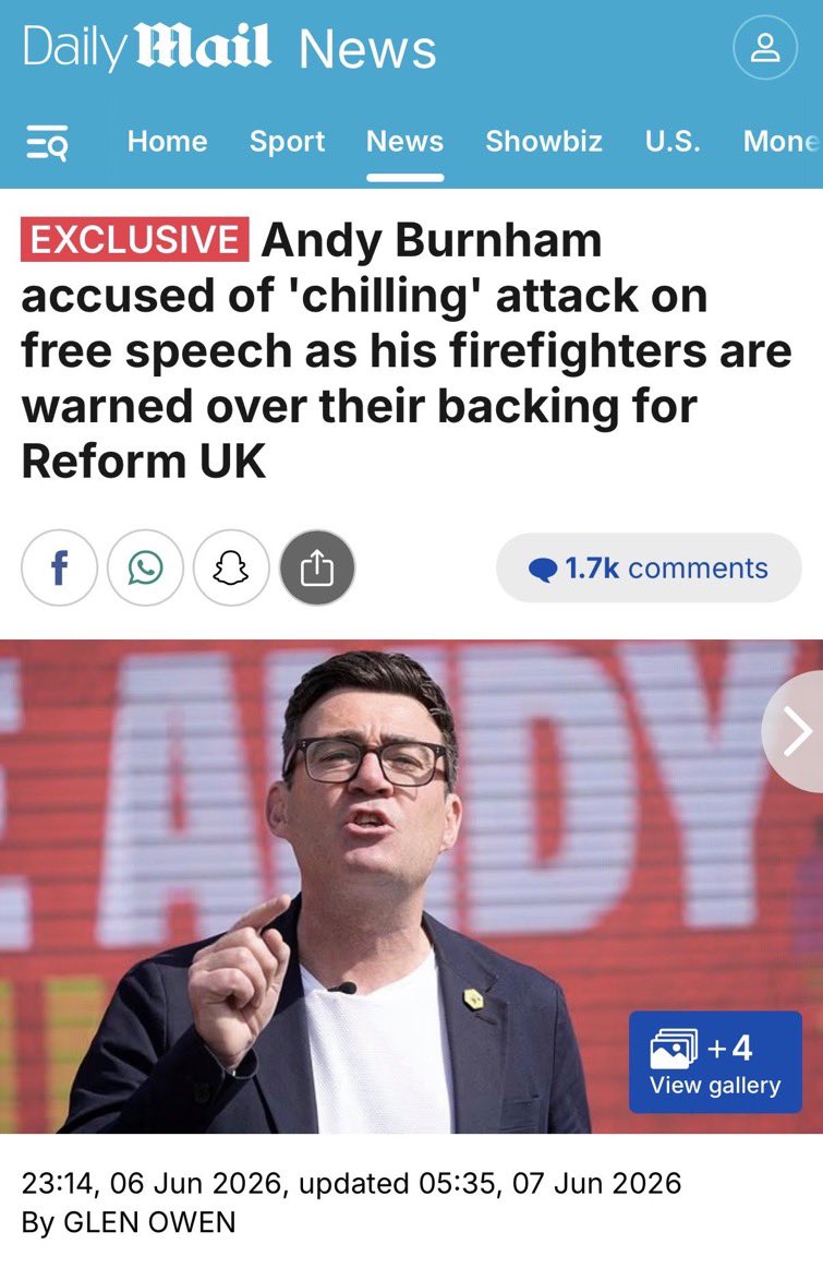 ReformDaily_'s tweet photo. 🗣️The Free Speech Union has written to Andy Burnham after firefighters supporting Reform UK were reportedly cautioned over their political views by Greater Manchester Fire & Rescue Service🗣️

The FSU warns of a chilling effect on free speech & political participation

https://t.co/Mh6RcRp6PP

#FreeSpeech #ReformUK #AndyBurnham #Makerfield #UKPolitics [@SpeechUnion @DailyMail]